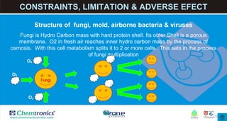 18
Structure of fungi, mold, airborne bacteria & viruses
Fungi is Hydro Carbon mass with hard protein shell. Its outer Shell is a porous
membrane. O2 in fresh air reaches inner hydro carbon mass by the process of
osmosis. With this cell metabolism splits it to 2 or more cells. This sets in the process
of fungi multiplication
CONSTRAINTS, LIMITATION & ADVERSE EFECT
Fungi
O₂
O₂
O₂
 