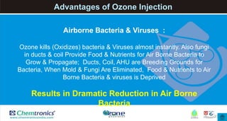 23
Airborne Bacteria & Viruses :
Ozone kills (Oxidizes) bacteria & Viruses almost instantly. Also fungi
in ducts & coil Provide Food & Nutrients for Air Borne Bacteria to
Grow & Propagate; Ducts, Coil, AHU are Breeding Grounds for
Bacteria, When Mold & Fungi Are Eliminated, Food & Nutrients to Air
Borne Bacteria & viruses is Deprived
Results in Dramatic Reduction in Air Borne
Bacteria
Advantages of Ozone Injection
 