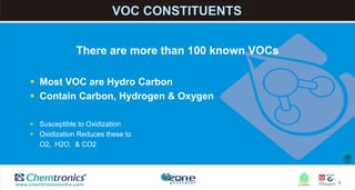6
VOC CONSTITUENTS
There are more than 100 known VOCs
 Most VOC are Hydro Carbon
 Contain Carbon, Hydrogen & Oxygen
 Susceptible to Oxidization
 Oxidization Reduces these to
O2, H2O, & CO2
 