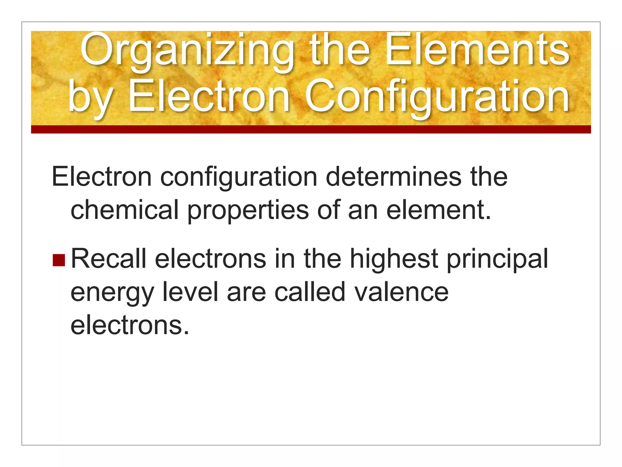 Organizing the Elements
 by Electron Configuration
Electron configuration determines the
 chemical properties of an element.
 Recallelectrons in the highest principal
 energy level are called valence
 electrons.
 