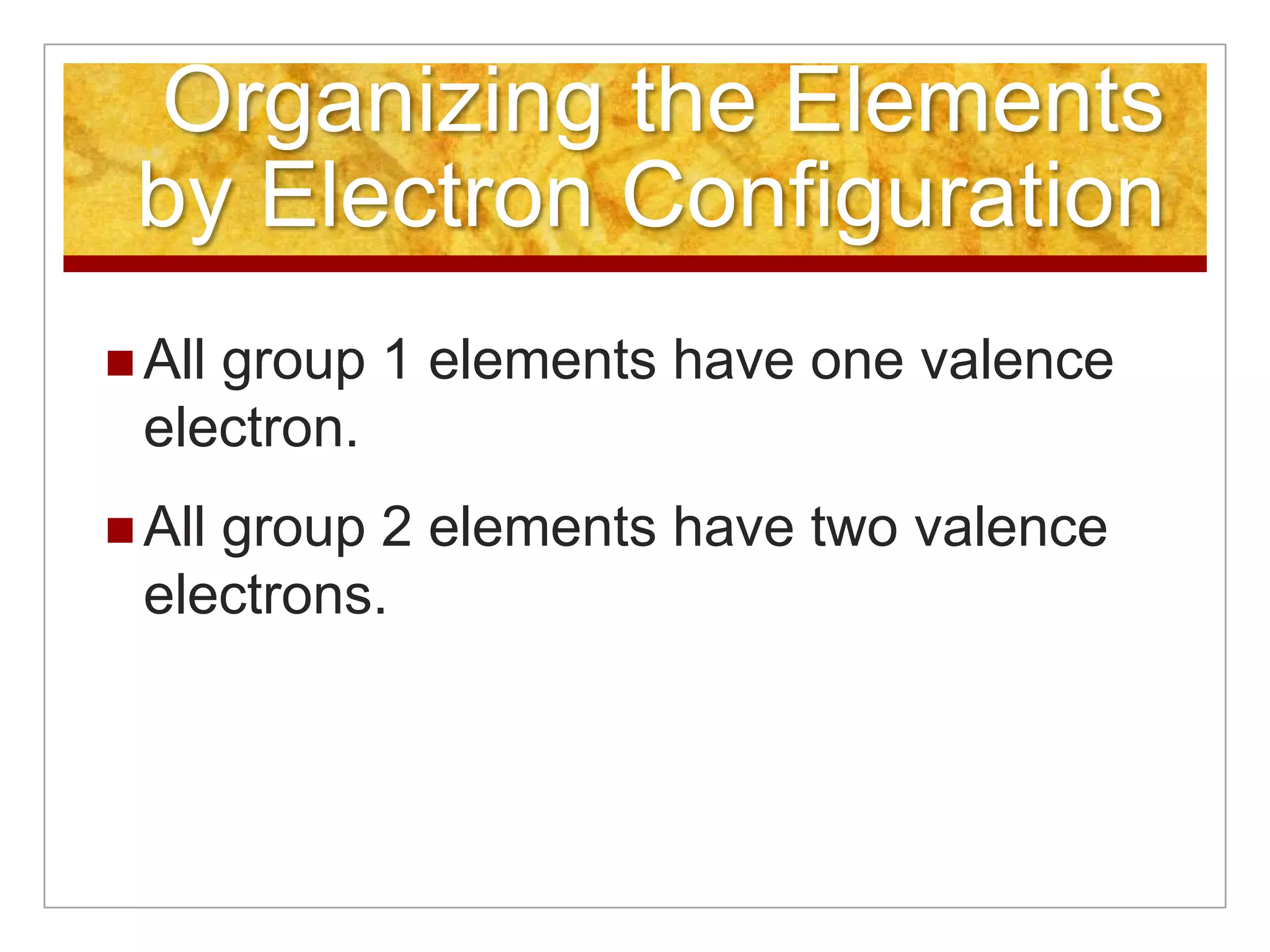 Organizing the Elements
 by Electron Configuration
 All
    group 1 elements have one valence
 electron.
 All
    group 2 elements have two valence
 electrons.
 