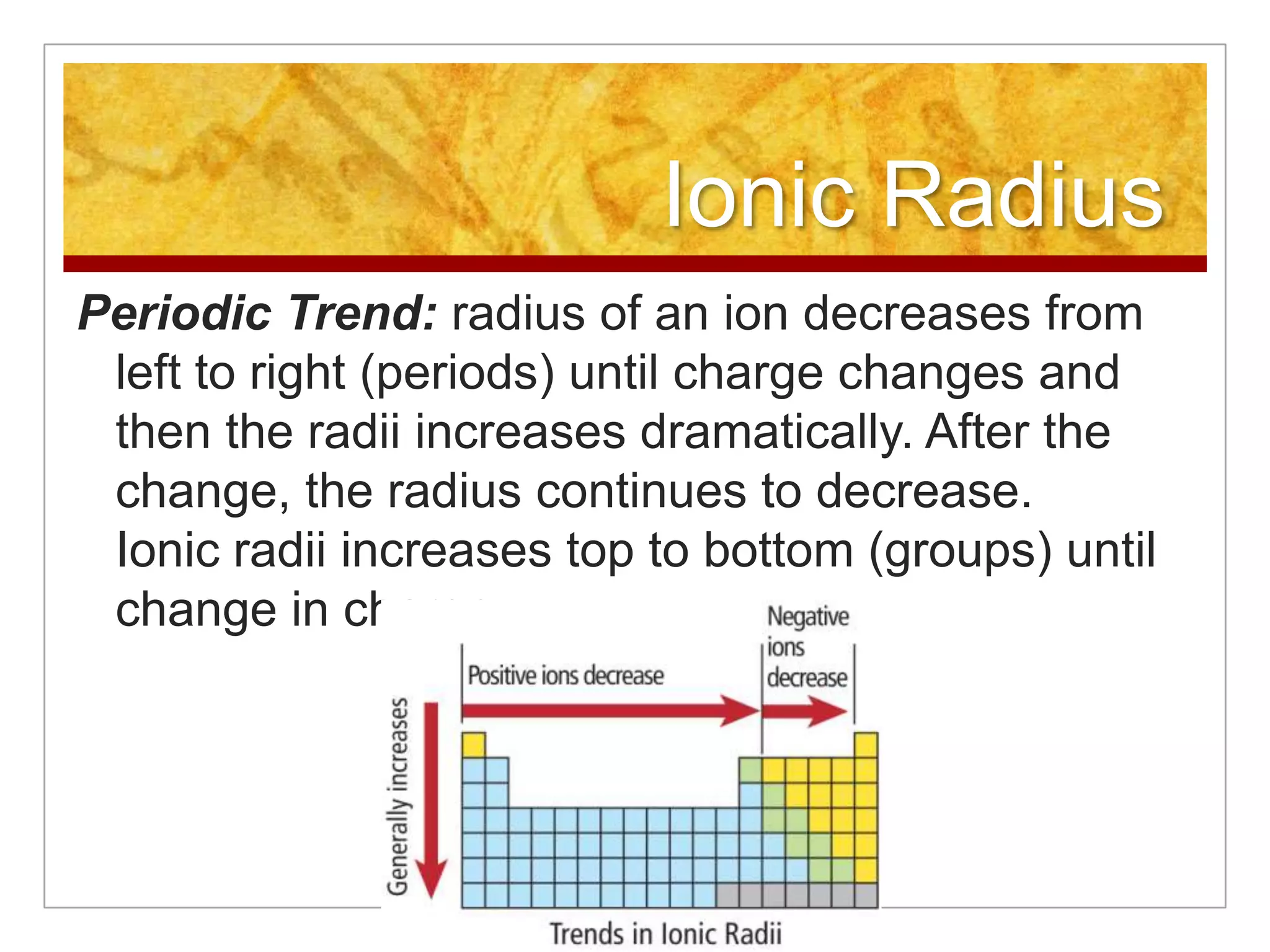 Ionic Radius
Periodic Trend: radius of an ion decreases from
 left to right (periods) until charge changes and
 then the radii increases dramatically. After the
 change, the radius continues to decrease.
 Ionic radii increases top to bottom (groups) until
 change in charge.
 