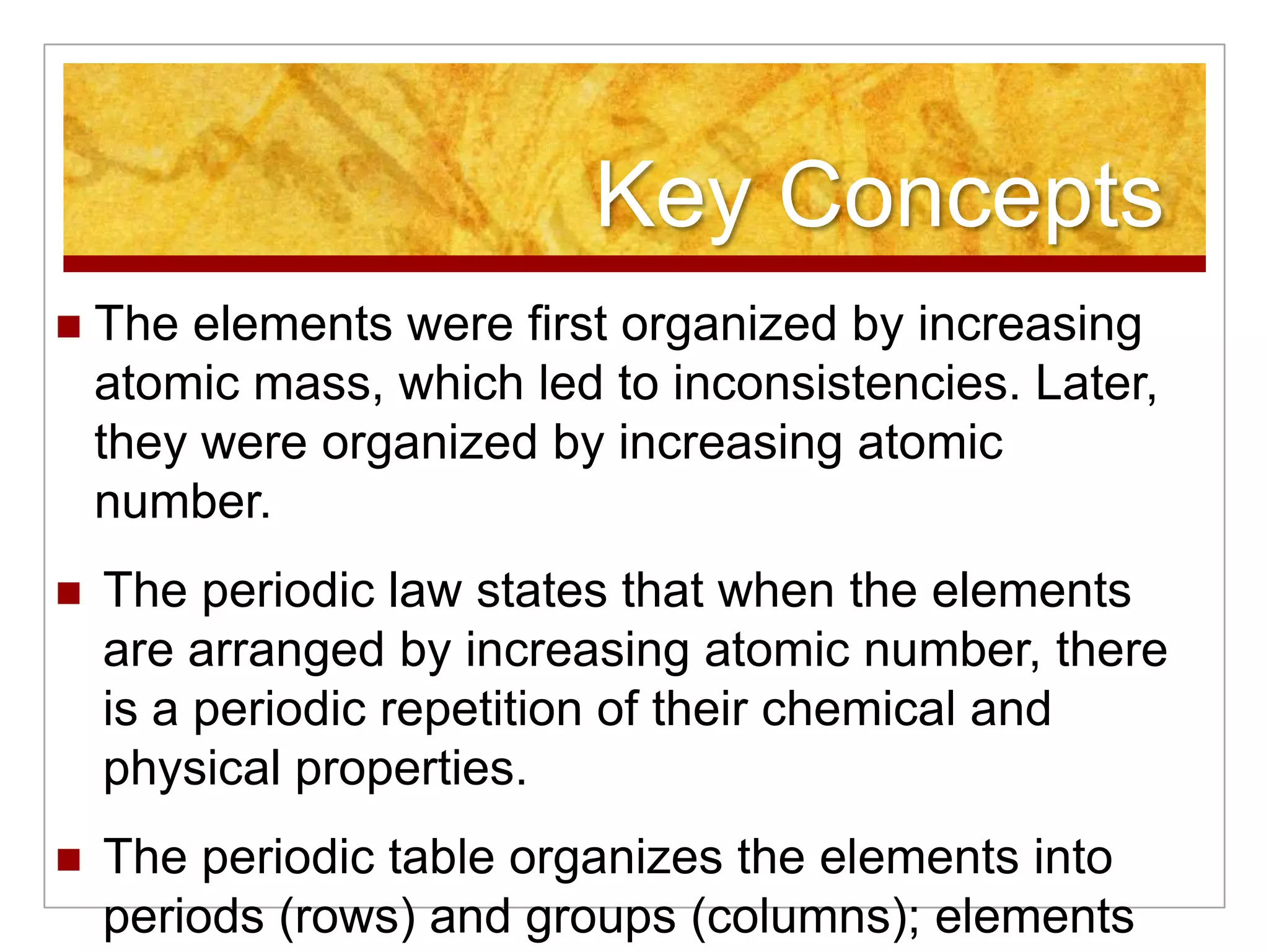 Key Concepts
   The elements were first organized by increasing
    atomic mass, which led to inconsistencies. Later,
    they were organized by increasing atomic
    number.
   The periodic law states that when the elements
    are arranged by increasing atomic number, there
    is a periodic repetition of their chemical and
    physical properties.
   The periodic table organizes the elements into
    periods (rows) and groups (columns); elements
 