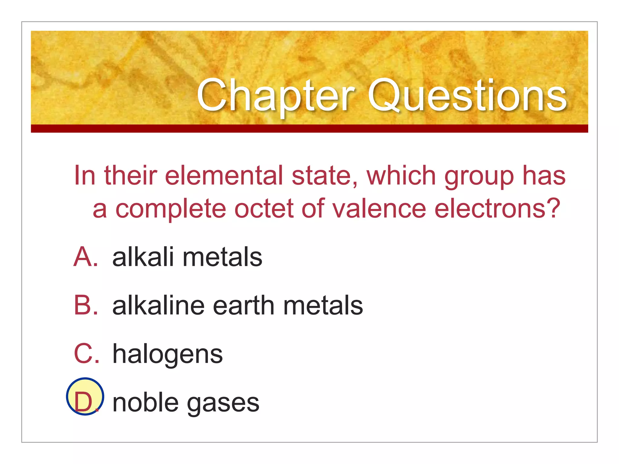 Chapter Questions
In their elemental state, which group has
  a complete octet of valence electrons?
A. alkali metals
B. alkaline earth metals
C. halogens
D. noble gases
 