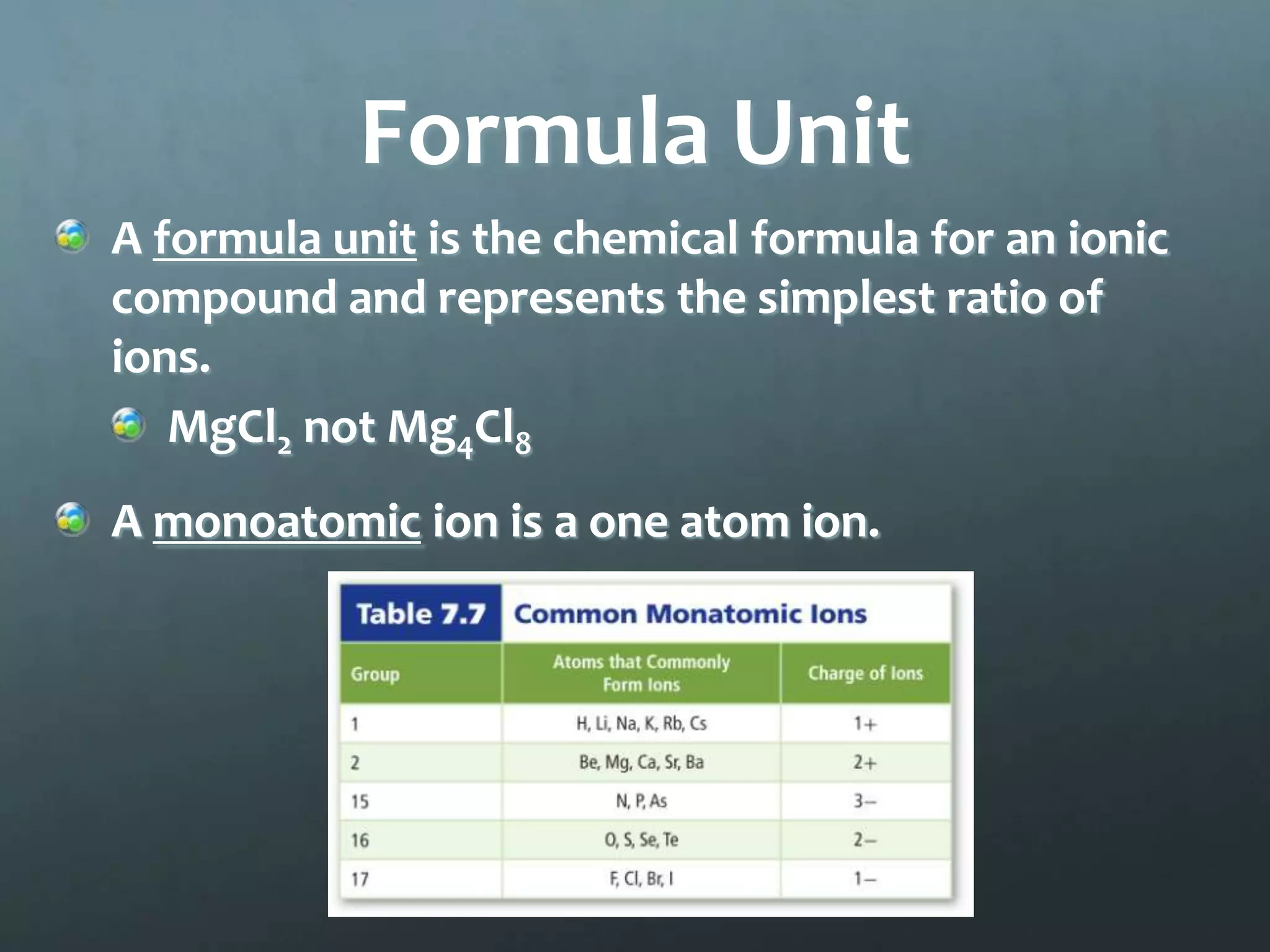 Formula Unit
A formula unit is the chemical formula for an ionic
compound and represents the simplest ratio of
ions.
   MgCl2 not Mg4Cl8
A monoatomic ion is a one atom ion.
 
