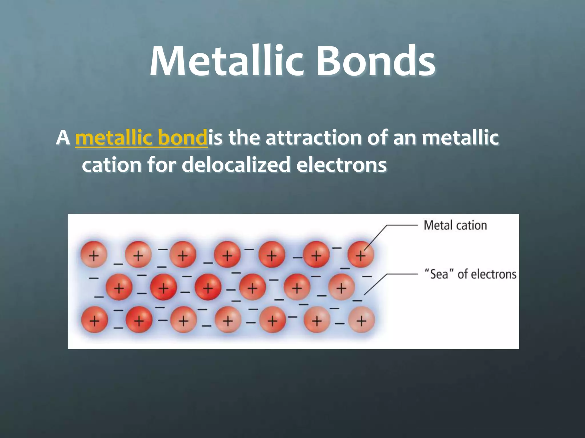 Metallic Bonds
A metallic bondis the attraction of an metallic
  cation for delocalized electrons
 