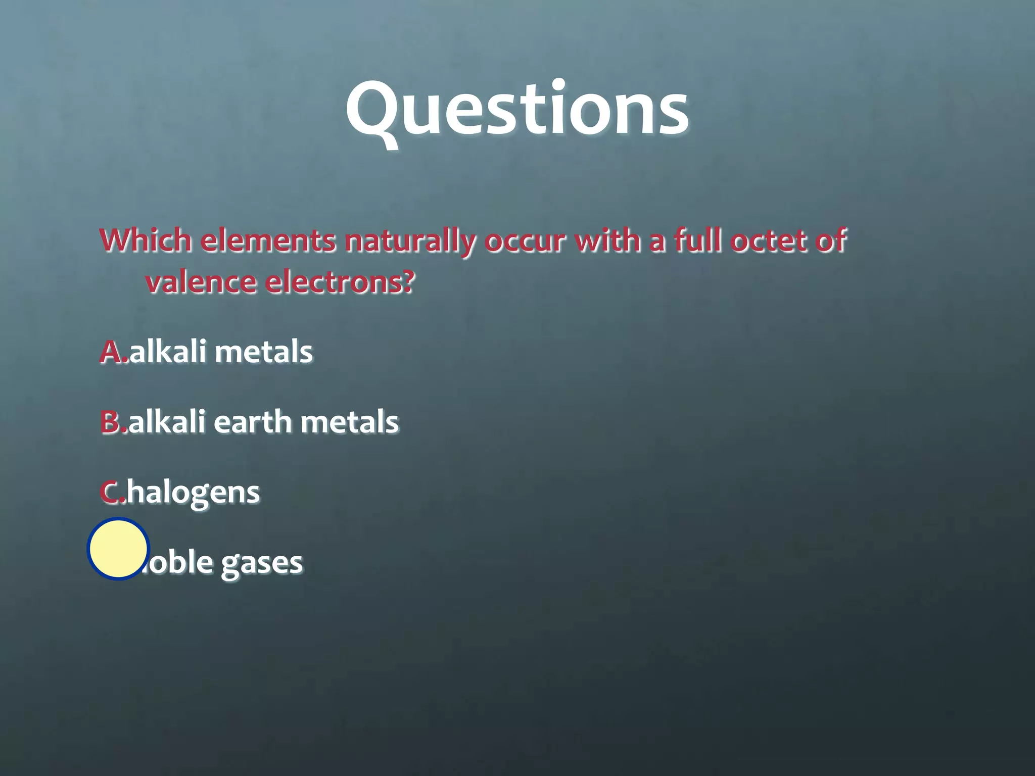Questions
Which elements naturally occur with a full octet of
  valence electrons?

A.alkali metals

B.alkali earth metals

C.halogens

D.noble gases
 