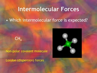 Intermolecular Forces Which intermolecular force is expected? CH 4 Non-polar covalent molecule London (dispersion) forces 