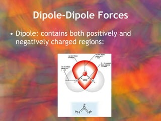 Dipole-Dipole Forces Dipole: contains both positively and negatively charged regions: 