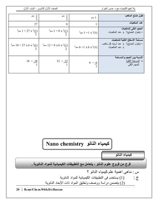 ‫الجزار‬ ‫حسن‬ .‫د‬ ‫مع‬ ‫الكيمياء‬ ‫نفهم‬ ‫يال‬‫الثانوى‬ ‫األول‬ ‫الصف‬–‫األول‬ ‫الباب‬
20 | fb.me/Chem.With.Dr.Hassan
: ‫س‬‫ماهى‬‫النانو‬ ‫كيمياء‬ ‫علم‬ ‫اهمية‬‫؟‬
: ‫ج‬(1)‫فى‬ ‫يستخدم‬‫النانوية‬ ‫للمواد‬ ‫الكيميائية‬ ‫التطبيقات‬
(2‫النانوية‬ ‫األبعاد‬ ‫ذات‬ ‫المواد‬ ‫وتخليق‬ ‫ووصف‬ ‫دراسة‬ ‫يتضمن‬ )
‫المكعب‬ ‫ضلع‬ ‫طول‬
1‫سم‬
1‫سم‬
2
1‫سم‬
3
‫المكعبات‬ ‫عدد‬1827
‫للمكعبات‬ ‫الكلى‬ ‫الحجم‬
=)‫الضلع‬ ‫(طول‬3x‫المكعبات‬ ‫عدد‬(1)3x1=1‫سم‬3(1)3x8=1‫سم‬3
2
(1)3x27=1‫سم‬3
3
‫مساحة‬‫األسطح‬‫الكل‬‫ية‬‫للمكعبات‬
=)‫الضلع‬ ‫(طول‬2x‫عدد‬‫مكعب‬ ‫كل‬ ‫أوجه‬
x‫المكعبات‬ ‫عدد‬(1)2x6x1=6‫سم‬2(1)2x6x8=12‫سم‬2
2
(1)2x6x27=18‫سم‬2
3
‫والمساحة‬ ‫الحجم‬ ‫بين‬ ‫النسبة‬
=‫الكلية‬ ‫المساحة‬
‫الكلى‬ ‫الحجم‬
6=6
1
12=12
1
18=18
1
‫النانو‬ ‫كيمياء‬Nano chemistry
. ‫النانوية‬ ‫للمواد‬ ‫الكيميائية‬ ‫التطبيقات‬ ‫مع‬ ‫يتعامل‬ ، ‫النانو‬ ‫علوم‬ ‫فروع‬ ‫من‬ ‫فرع‬
‫النانو‬ ‫كيمياء‬
 