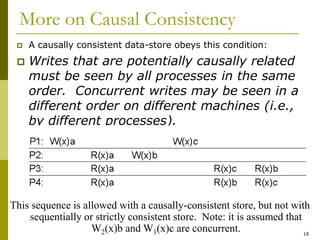 18
More on Causal Consistency
 A causally consistent data-store obeys this condition:
 Writes that are potentially causally related
must be seen by all processes in the same
order. Concurrent writes may be seen in a
different order on different machines (i.e.,
by different processes).
This sequence is allowed with a causally-consistent store, but not with
sequentially or strictly consistent store. Note: it is assumed that
W2(x)b and W1(x)c are concurrent.
 