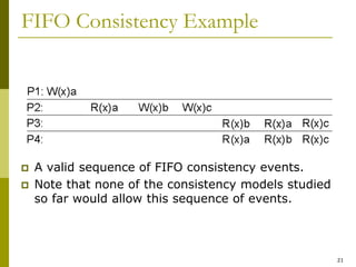 21
FIFO Consistency Example
 A valid sequence of FIFO consistency events.
 Note that none of the consistency models studied
so far would allow this sequence of events.
 