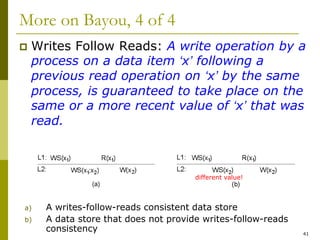 41
More on Bayou, 4 of 4
 Writes Follow Reads: A write operation by a
process on a data item ‘x’ following a
previous read operation on ‘x’ by the same
process, is guaranteed to take place on the
same or a more recent value of ‘x’ that was
read.
a) A writes-follow-reads consistent data store
b) A data store that does not provide writes-follow-reads
consistency
different value!
 