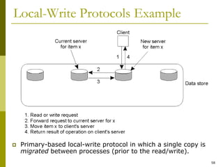 58
Local-Write Protocols Example
 Primary-based local-write protocol in which a single copy is
migrated between processes (prior to the read/write).
 