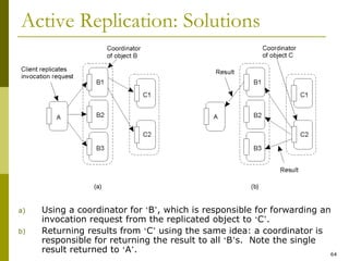 64
Active Replication: Solutions
a) Using a coordinator for ‘B’, which is responsible for forwarding an
invocation request from the replicated object to ‘C’.
b) Returning results from ‘C’ using the same idea: a coordinator is
responsible for returning the result to all ‘B’s. Note the single
result returned to ‘A’.
 