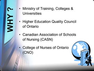 WHY ?

• Ministry of Training, Colleges &
Universities
• Higher Education Quality Council
of Ontario
• Canadian Association of Schools
of Nursing (CASN)
• College of Nurses of Ontario
(CNO)

 