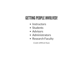 GETTING PEOPLE INVOLVED!
Instructors
Students
Advisors
Administrators
Research Faculty
Credit: UMN LA Team
 