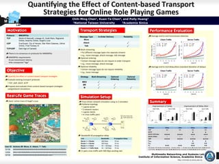 Quantifying the Effect of Content‐based Transport
      MNe
              t
                               Strategies for Online Role Playing Games
                                                                          Chih-Ming Chen1, Kuan-Ta Chen2, and Polly Huang1
M                                                                         1National Taiwan University    2Academia Sinica
             Lab

    Motivation                                                                 Transport Strategies                                                                                             Performance Evaluation
 Protocol         MMORPGs                                                                                                                                                                           Average end‐to‐end transmission latencies
                                                                              Message Type                    In-Order Delivery                          Reliability
 TCP              World of Warcraft, Lineage I/II, Guild Wars, Ragnarok
                                                                                 Move                                                                                                                                                                                 Client Traffic                                                                                                            Server Traffic
                  Online, Anarchy Online, Angel’s Love




                                                                                                                                                                                                                                                                                                                                                                  600
 UDP              EverQuest, City of Heroes, Star Wars Galaxies, Ultima            Attack                                                                      √                                                                                                TCP             P_MRO                                                                                                    TCP                  P_MRO




                                                                                                                                                                                                                     180 200 220 240 260 280 300
                                                                                                                                                                                                                                                                UDP             P_MR                                                                                                     UDP                  P_MR
                  Online, Final Fantasy XI                                            Talk                               √                                     √




                                                                                                                                                                                                                                                                                                                                                                  500
                                                                                                                                                                                                Mean delay (ms)




                                                                                                                                                                                                                                                                                                                                            Mean delay (ms)
                                                                                                                                                                                                                                                                SCTP            P_M                                                                                                      SCTP                 P_M


 TCP/UDP          Dark Age of Camelot
                                                                               Multi‐streaming




                                                                                                                                                                                                                                                                                                                                                                  400
     There is no consensus on protocols for MMORPGs                            • Put different message types into separate streams




                                                                                                                                                                                                                                                                                                                                                                  300
                                                                               • e.g., move message, attack message, talk message
     MMORPGs requirements




                                                                                                                                                                                                                                                                                                                                                                  200
                                                                               Optional ordering
      Low transmission latency                                                 • Certain message types do not require in‐order transport                                                                                                                   20         40   60            80        100          120        140                                                    20        40           60     80       100       120       140

      No unexpected “lags”                                                                                                                                                                                                                                                  Client #                                                                                                                       Client #
                                                                               • e.g., move message, attack message
                                                                               Optional reliability                                                                                                 Average end‐to‐end delay jitters (standard deviation of delays)
  Objective                                                                    • Certain message types do not require reliability
                                                                               • e.g., move message
                                                                                                                                                                                                                                                                      Client Traffic                                                                                                            Server Traffic




                                                                                                                                                                                                                     250




                                                                                                                                                                                                                                                                                                                                                                  600
                                                                                                                                                                                                                                                                TCP             P_MRO                                                                                                    TCP                  P_MRO

    Quantify the effect of content‐based transport strategies                  Strategy           Multi-Streaming                   Optional                  Optional
                                                                                                                                                                                                                                                                UDP             P_MR                                                                                                     UDP                  P_MR




                                                                                                                                                                                                                     200




                                                                                                                                                                                                                                                                                                                                                                  500
                                                                                                                                                                                                                                                                SCTP            P_M                                                                                                      SCTP                 P_M




                                                                                                                                                                                                Mean jitter (ms)




                                                                                                                                                                                                                                                                                                                                            Mean jitter (ms)
    Evaluate existing transport protocols                                                                                           Ordering                  Reliability




                                                                                                                                                                                                                                                                                                                                                                  400
                                                                                                                                                                                                                     150
                                                                                 MRO                          √




                                                                                                                                                                                                                                                                                                                                                                  300
    • TCP, UDP, DCCP, SCTP




                                                                                                                                                                                                                     100
                                                                                 MR                           √                              √




                                                                                                                                                                                                                                                                                                                                                                  200
    Propose and evaluate three content‐based transport strategies  




                                                                                                                                                                                                                     50




                                                                                                                                                                                                                                                                                                                                                                  100
                                                                                  M                           √                              √                      √
    usingnetwork simulations




                                                                                                                                                                                                                                                                                                                                                                  0
                                                                                                                                                                                                                     0
                                                                                                                                                                                                                                                           20         40   60            80        100          120        140                                                    20        40           60     80       100       120       140



  Real-Life Game Traces
  Real-Life
                                                                                                                                                                                                                                                                            Client #                                                                                                                       Client #

                                                                               Simulation Setup
    Users’ action trace of Angel’s Love                                         Trace‐driven network simulation using ns‐2 simulator                                                            Summary
                                                                                Fishbone topology
                                                                                • 1 game server                                                                                                                    Improvement of Delay                                                                                                                                       Improvement of Delay Jitter
                                                                                • 2 network routers                                                                                                                Client Traffic                                                                    Server Traffic                                                                      Client Traffic                                         Server Traffic




                                                                                                                                                                                          100




                                                                                                                                                                                                                                                                                   100




                                                                                                                                                                                                                                                                                                                                                                        100




                                                                                                                                                                                                                                                                                                                                                                                                                                   100
                                                                                                                                                                                                     70 Clients                                                                                   70 Clients                                                                      70 Clients                                                 70 Clients


                                                                                • n game clients                                                                                                     140 Clients
                                                                                                                                                                                                                                                                      75
                                                                                                                                                                                                                                                                                                  140 Clients                                                                     140 Clients                       79                       140 Clients




                                                                                                                                                                                          80




                                                                                                                                                                                                                                                                                   80




                                                                                                                                                                                                                                                                                                                                                                        80




                                                                                                                                                                                                                                                                                                                                                                                                                                   80
                                                                                                                                                                                                                                                                                                                                                                                                                                                                           73
                                                                                                                                                                                                                                                                                                                                      69                                                                       69



                                                                                • m cross traffic pairs                                                                                                                                                          55




                                                                                                                                                                                          60




                                                                                                                                                                                                                                                                                   60




                                                                                                                                                                                                                                                                                                                                                                        60




                                                                                                                                                                                                                                                                                                                                                                                                                                   60
                                                                                                                                                                                  Score




                                                                                                                                                                                                                                                                           Score




                                                                                                                                                                                                                                                                                                                                                               Score




                                                                                                                                                                                                                                                                                                                                                                                                                           Score
                                                                                                                                                                                                                                                                                                                                 45                                                                                                                                   46

                                                                                                                                                        Client Node (CN)




                                                                                                                                                                                          40




                                                                                                                                                                                                                                                                                   40




                                                                                                                                                                                                                                                                                                                                                                        40




                                                                                                                                                                                                                                                                                                                                                                                                                                   40
                                                                                                                                                                                                                                                                                                                      33
                                                                                                                                                                                                                                                                                                                                                                                                                                                                28


                                                                                    CNi+2     . . .  CN             CN2        . . .  CN                Traffic Node (TN)




                                                                                                                                                                                          20




                                                                                                                                                                                                                                                                                   20




                                                                                                                                                                                                                                                                                                                                                                        20




                                                                                                                                                                                                                                                                                                                                                                                                                                   20
                                                                                                                                                                                                                                                                                                     8           10
                                                                                                          n                              i                                                      0
                                                                                                                                                                                                              2                                    0   0
                                                                                                                                                                                                                                                                                              2
                                                                                                                                                                                                                                                                                                                                                                              0      1           1   0                                   1
                                                                                                                                                                                                                                                                                                                                                                                                                                                5           5


                                                                                 CNi+1                            CN1




                                                                                                                                                                                          0




                                                                                                                                                                                                                                                                                   0




                                                                                                                                                                                                                                                                                                                                                                        0




                                                                                                                                                                                                                                                                                                                                                                                                                                   0
                                                                                                                                                                                                P_MRO                                              P_MR           P_M                         P_MRO               P_MR            P_M                                         P_MRO               P_MR          P_M                      P_MRO               P_MR      P_M

                                                                                                                                                                                                                                          Protocol                                                              Protocol                                                                        Protocol                                                   Protocol


                                                                                                                                                                                                                                                                                                     Client to Server                                                                                                 Server to Client
                                                                                 TNj+1                             TN1                               Server                               Protocol                                                                                       Delay                                             Jitter                                                          Delay                                           Jitter
                                                                                      TNj+2    . . . TNm                 TN2
                                                                                                                                      TN
                                                                                                                                 . . .  j                                                 TCP                                                                                             NA                                                     NA                                                            NA                                               NA
                                                                                                                                                                                          SCTP                                                                                                ≈                                                         ≈                                                      ★                                                ★
                                                                                                                                                                                          DCCP (TCP-like)                                                                          ★★★★                                                    ★★★★                                                            ★★★                                             ★★★
                                                                                Bandwidth & propagation delay                                                                             DCCP (TFRC)                                                                                     ☆                                                         ☆                                                          ☆                                                ☆
                                                                               Link                               Bandwidth                  Propagation Delay                            UDP                                                                                      ★★★★                                                    ★★★★                                                          ★★★★                                        ★★★★
                                                                               Server <--> Router                 600 Kbps                   70 ms                                        PMRO                                                                                                ≈                                                         ≈                                                      ★                                                ★
                                                                               Router <--> Router                 600 Kbps                   70 ms                                        PMR                                                                                                 ≈                                                         ≈                                                     ★★                                            ★★
                                                                               Router <--> Client                 64 ~ 128 Kbps              70 ms                                        PM                                                                                        ★★★                                                    ★★★                                                             ★★★                                              ★★
User ID   Actions (M: Move, A: Attack, T: Talk)                                                                                                                                           Description: NA denotes incomparable, ≈ denotes similar, ☆ denotes worse, ★ denotes better, ★ ★ denotes 
                                                                               Router <--> Traffic Node           64 ~ 128 Kbps              70 ms
10159     MMMMMMMMMMMMMAMMAMMMMMMAMMMMMMMMMM                                                                                                                                              much better, ★ ★ ★ denotes good, ★ ★ ★ ★ denotes very good, and ★ ★ ★ ★ denotes excellent.
                                                                               11 pairs cross traffic with 500 Kbps sending rate
12454     MMAAMAMMMMMAAMAMAMAMAMAMAMAMAMAMAMAMA
16728     MMMMMMMMMMMMMMMMMMMMMMAMMTTTTTTTTTTTT                                                                                                                                        Multimedia Networking and Systems Lab
                                                                                                                                                                            Institute of Information Science, Academia Sinica
                                                                                                                                                                                                                                                                                                                                           http://mmnet.iis.sinica.edu.tw
 