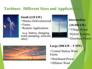 Turbines: Different Sizes and Applications
Small (≤10 kW)
• Homes Grid-connected
• Farms
• Remote Applications
(e.g. battery changing,
water pumping, telecom
sites)
Intermediate
(10-500 kW)
• Village Power
• Hybrid Systems
• Distribute Power
Large (500 kW – 5 MW)
• Central Station Wind
Farms
• Distributed Power
• Offshore Wind
 