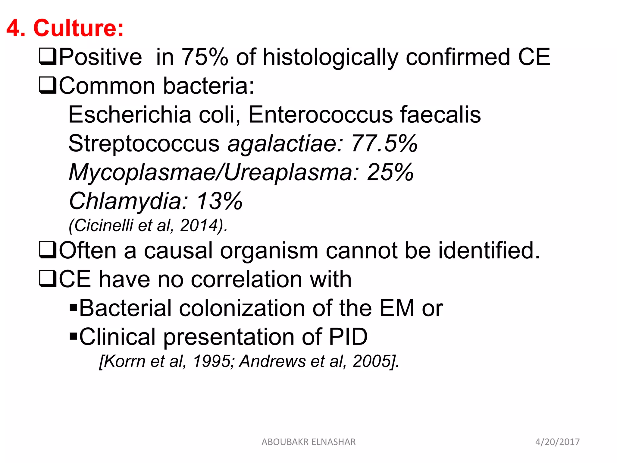 4. Culture:
Positive in 75% of histologically confirmed CE
Common bacteria:
Escherichia coli, Enterococcus faecalis
Streptococcus agalactiae: 77.5%
Mycoplasmae/Ureaplasma: 25%
Chlamydia: 13%
(Cicinelli et al, 2014).
Often a causal organism cannot be identified.
CE have no correlation with
Bacterial colonization of the EM or
Clinical presentation of PID
[Korrn et al, 1995; Andrews et al, 2005].
4/20/2017ABOUBAKR ELNASHAR
 