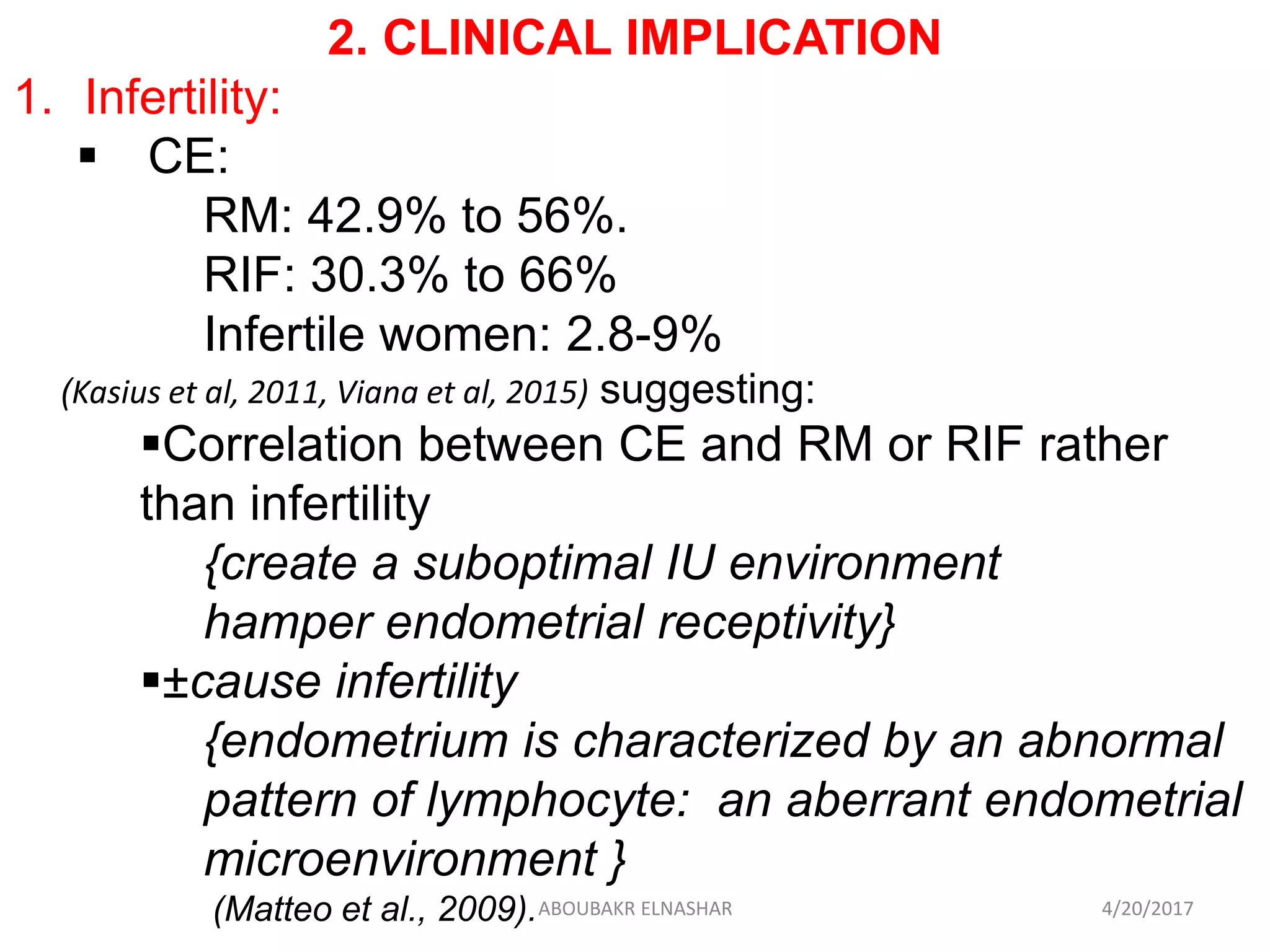 2. CLINICAL IMPLICATION
1. Infertility:
 CE:
RM: 42.9% to 56%.
RIF: 30.3% to 66%
Infertile women: 2.8-9%
(Kasius et al, 2011, Viana et al, 2015) suggesting:
Correlation between CE and RM or RIF rather
than infertility
{create a suboptimal IU environment
hamper endometrial receptivity}
±cause infertility
{endometrium is characterized by an abnormal
pattern of lymphocyte: an aberrant endometrial
microenvironment }
(Matteo et al., 2009). 4/20/2017ABOUBAKR ELNASHAR
 