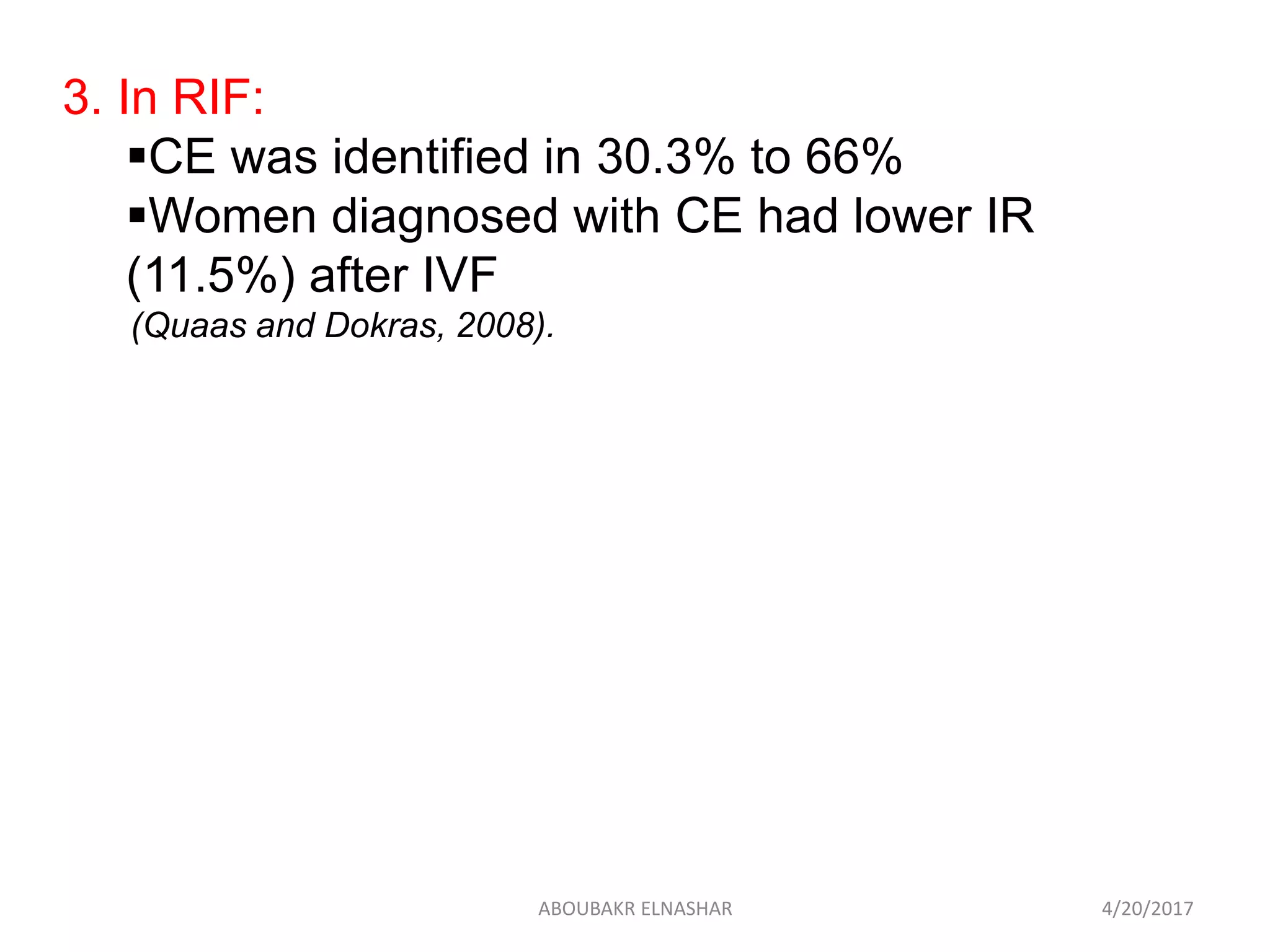 3. In RIF:
CE was identified in 30.3% to 66%
Women diagnosed with CE had lower IR
(11.5%) after IVF
(Quaas and Dokras, 2008).
4/20/2017ABOUBAKR ELNASHAR
 