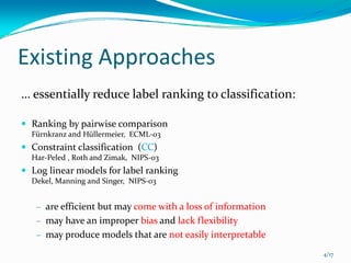 Existing Approaches
… essentially reduce label ranking to classification:

  Ranking by pairwise comparison
  Fürnkranz and Hüllermeier,  ECML‐03
  Constraint classification  (CC)
  Har‐Peled , Roth and Zimak,  NIPS‐03
  Log linear models for label ranking
  Dekel, Manning and Singer,  NIPS‐03


   − are efficient but may come with a loss of information
   − may have an improper bias and lack flexibility
   − may produce models that are not easily interpretable

                                                             4/17
 