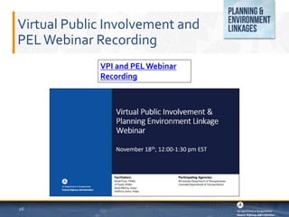 Virtual Public Involvement and
PELWebinar Recording
26
VPI and PEL Webinar
Recording
 