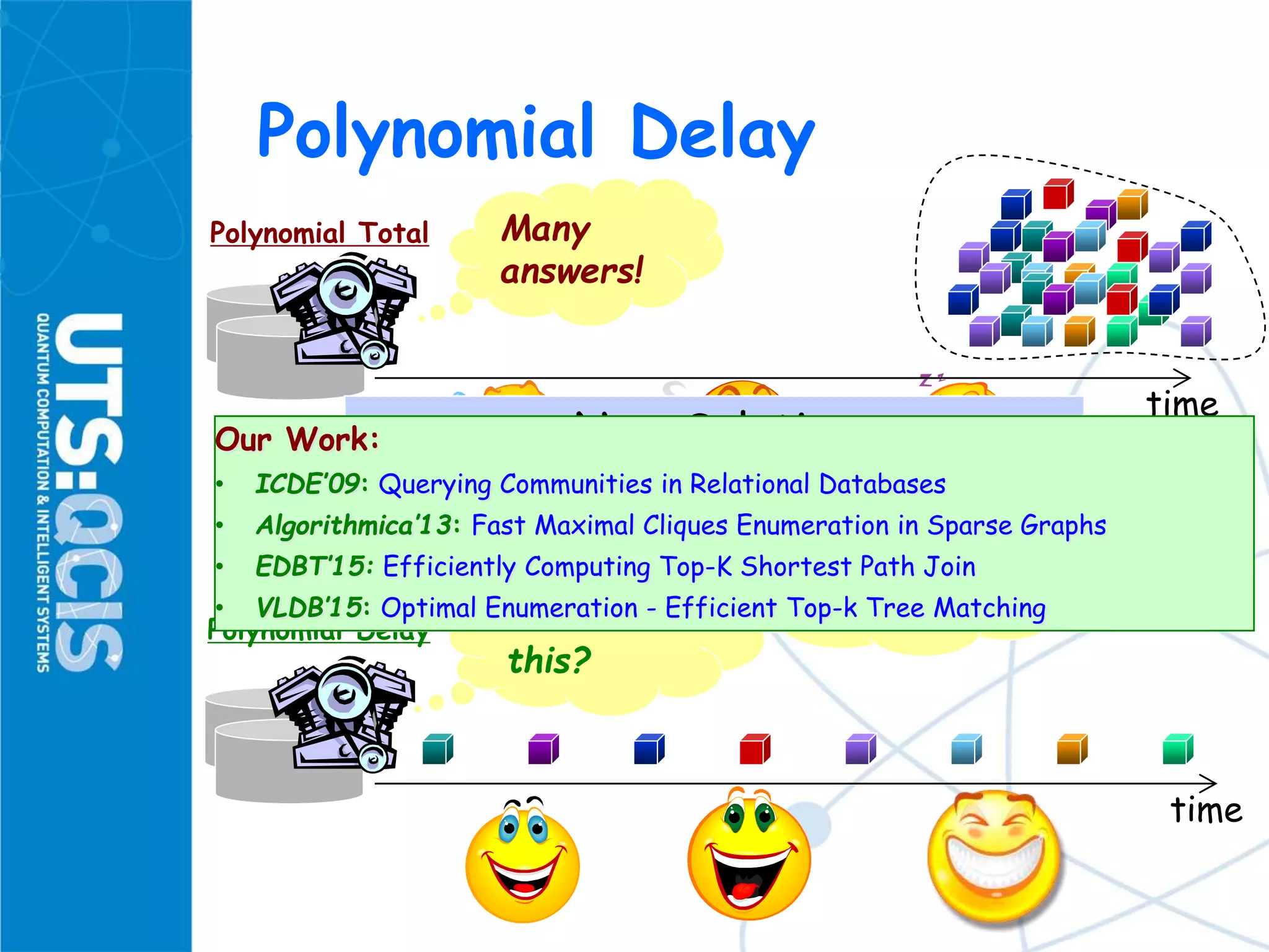 Polynomial Delay
time… … …
Many
answers!
Can’t you
be faster?
time
How about
this?
Polynomial Total
Polynomial Delay
New Solution
Polynomial Delay: Delay Time
Polynomial to Input
Total time is still large, but…
Our Work:
• ICDE’09: Querying Communities in Relational Databases
• Algorithmica’13: Fast Maximal Cliques Enumeration in Sparse Graphs
• EDBT’15: Efficiently Computing Top-K Shortest Path Join
• VLDB’15: Optimal Enumeration - Efficient Top-k Tree Matching
 