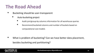The Road Ahead
• Bucketing should be user-transparent
• Auto-bucketing project
• Audit join/group-by columns information for all warehouse queries
• Recommend bucketed columns and number of buckets based on
computational cost models
• What is problem of bucketing? Can we have better data placement,
besides bucketing and partitioning?
37#UnifiedDataAnalytics #SparkAISummit
 