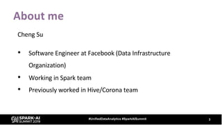 About me
Cheng Su
• Software Engineer at Facebook (Data Infrastructure
Organization)
• Working in Spark team
• Previously ...
