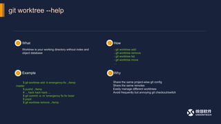 git worktree --help
What How
Example Why
Worktree is your working directory without index and
object database
- git worktree add
- git worktree remove
- git worktree list
- git worktree move
…
Share the same project-wise git config
Share the same remotes
Easily manage different worktrees
Avoid frequently but annoying git checkout/switch
$ git worktree add -b emergency-fix ../temp
master
$ pushd ../temp
# ... hack hack hack ...
$ git commit -a -m 'emergency fix for boss'
$ popd
$ git worktree remove ../temp
 