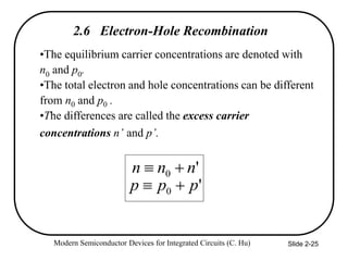 Modern Semiconductor Devices for Integrated Circuits (C. Hu) Slide 2-25
2.6 Electron-Hole Recombination
•The equilibrium carrier concentrations are denoted with
n0 and p0.
•The total electron and hole concentrations can be different
from n0 and p0 .
•The differences are called the excess carrier
concentrations n’ and p’.
'
0 n
n
n 

'
0 p
p
p 

 