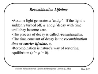 Modern Semiconductor Devices for Integrated Circuits (C. Hu) Slide 2-27
Recombination Lifetime
•Assume light generates n’and p’. If the light is
suddenly turned off, n’and p’decay with time
until they become zero.
•The process of decay is called recombination.
•The time constant of decay is the recombination
time or carrier lifetime,  .
•Recombination is nature’s way of restoring
equilibrium (n’= p’= 0).
 