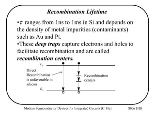 Modern Semiconductor Devices for Integrated Circuits (C. Hu) Slide 2-28
• ranges from 1ns to 1ms in Si and depends on
the density of metal impurities (contaminants)
such as Au and Pt.
•These deep traps capture electrons and holes to
facilitate recombination and are called
recombination centers.
Recombination Lifetime
Ec
Ev
Direct
Recombination
is unfavorable in
silicon
Recombination
centers
 