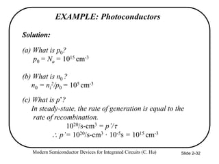 Modern Semiconductor Devices for Integrated Circuits (C. Hu) Slide 2-32
EXAMPLE: Photoconductors
Solution:
(a) What is p0?
p0 = Na = 1015 cm-3
(b) What is n0 ?
n0 = ni
2/p0 = 105 cm-3
(c) What is p’?
In steady-state, the rate of generation is equal to the
rate of recombination.
1020/s-cm3 = p’/
 p’= 1020/s-cm3 · 10-5s = 1015 cm-3
 