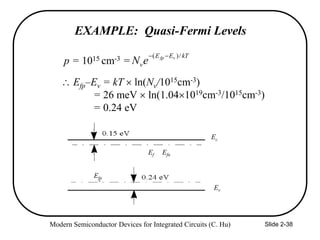 Modern Semiconductor Devices for Integrated Circuits (C. Hu) Slide 2-38
EXAMPLE: Quasi-Fermi Levels
p = 1015 cm-3 =
 Efp–Ev = kT  ln(Nv/1015cm-3)
= 26 meV  ln(1.041019cm-3/1015cm-3)
= 0.24 eV
kT
E
E
v
v
fp
e
N
/
)
( 

Ec
Ev
Efp
Ef Efn
 