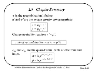 Modern Semiconductor Devices for Integrated Circuits (C. Hu) Slide 2-40
2.9 Chapter Summary
 is the recombination lifetime.
n’and p’are the excess carrier concentrations.
n = n0+ n’
p = p0+ p’
Charge neutrality requires n’= p’.
rate of recombination = n’/ = p’/
Efn and Efp are the quasi-Fermi levels of electrons and
holes.
kT
E
E
v
v
fp
e
N
p
/
)
( 


kT
E
E
c
fn
c
e
N
n
/
)
( 


 