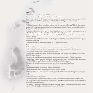 2008
ITM Global Leadership Center gets AICTE approval.
ITM launches the Asia Graduate School of Business in Hyderabad.
Queen Margret University, Edinburgh has conferred upon Honorary Doctorate of Education upon Prof. P.V.
Ramana, Chairman, ITM Group of Institutes for his contribution to Higher Education in India.
2009
ITM Global Leadership Center looks South and now offers its International Business PGDM in Chennai too.
Some of India’s finest engineers graduate from ITM’s newest acquisition, Coastal Institute of Technology &
Management in Vishakhapatnam
ITM Executive Education Centre gets the working professionals in the cities of Hyderabad, Chennai &
Kolkata back to classrooms through its Flexible Executive Masters Programs
The demand for health workers globally is recognized by ITM, ITM Institute of Health Sciences boosts their
training in Mumbai.
ITM’s Institute of Hotel Management ties up with Niagara-on-the-lake Culinary School in Canada to groom
world-class Master Chef’s.
ITM Institute of Financial Markets is granted an AICTE approval in Mumbai.
2010
ITM Business School, Hyderabad was established at a brand new campus in Hyderabad
ITM-SIA Business School, Mumbai was established in a new campus located in Dombivali, Mumbai
ITM Business School Bangalore opens its second campus
ITM College of Engineering, Nagpur was launched at a newly built campus under the aegis of DTE, AICTE
and RTM Nagpur University
ITM Institute of Hotel Management expanded its footprint with a new campus at Oshiwara, Mumbai
ITM Institute of Fashion Design & Technology, Mumbai was launched in collaboration with Nottingham
Trent Univ., MS University Pondicherry and First Media Design School, Singapore
ITM Institute of Health Sciences moved to a new, state-of-the-art campus in New Panvel
2011
ITM Partners with Hypercity to launch PGP Retail Management.
ITM signs MOU with Deakin University for a Twinning program in MBA.
ITM Business School, Chennai launched its SIP Program with East Asia Institute of Management, Singapore.
2012
ITM Launches its University at Raipur
ITM University, Raipur has signed MOU with ICICI Bank to recruit & Train 6000 Junior offices every year.
ITM University Raipur has academic co-operation with DHBW Karlsruhe, Germany to implement the dual
pattern in Engineering education.
ITM Group of Engineering Colleges has signed an MoU with SITRAIN, Siemens Training Academy to train
students on World class Siemens products and Siemens Certification.
 