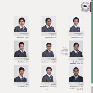 Hamsa Mohan                           Binita Maria                                   Sriram Mukund
              21 Years                         21 Years                                             22 Years
Qualification: B.Com                Qualification: B.Sc                             Qualification: B.Com




                                                                Title: Brand
                                                                 Building in
                                                             Global Market
                                                           and New Product
                                                             Introduction in
                                                                       Export
                                                                Department

Harsimranjit Singh ghuman               Satish Addala                                             Sruthi PM
              23 Years                         23 Years                                             22 Years
  Qualification: BMS         Qualification: B.Tech (EEE)                               Qualification: B.Sc
                                                                                  Internship: Fenner India




Ambar Anil Purohit               Rajesh Kumar Singh                                          Sumit Kumar
              21 Years                         23 Years                                             25 Years
  Qualification: BCA        Qualification: B.Com (Hons)                           Qualification: B.Sc (CS)
                                                                                Internship: Mars International
                                      53                                                        India Pvt. Ltd.
 