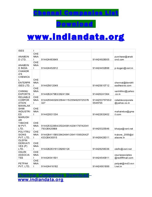 Chennai Companies List Download