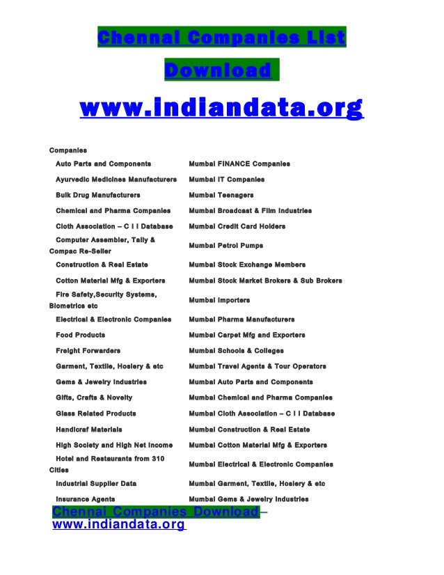 Chennai Companies List Download