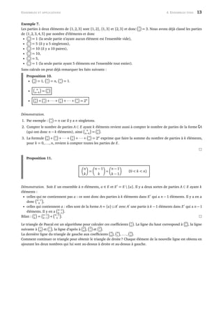 ENSEMBLES ET APPLICATIONS 4. ENSEMBLES FINIS 13
Exemple 7.
Les parties à deux éléments de {1,2,3} sont {1,2}, {1,3} et {2,3} et donc
3
2 = 3. Nous avons déjà classé les parties
de {1,2,3,4,5} par nombre d’éléments et donc
•
5
0 = 1 (la seule partie n’ayant aucun élément est l’ensemble vide),
•
5
1 = 5 (il y a 5 singletons),
•
5
2 = 10 (il y a 10 paires),
•
5
3 = 10,
•
5
4 = 5,
•
5
5 = 1 (la seule partie ayant 5 éléments est l’ensemble tout entier).
Sans calculs on peut déjà remarquer les faits suivants :
Proposition 10.
•
n
0 = 1,
n
1 = n,
n
n = 1.
•
n
n−k =
n
k
•
n
0 +
n
1 + ··· +
n
k + ··· +
n
n = 2n
Démonstration.
1. Par exemple :
n
1 = n car il y a n singletons.
2. Compter le nombre de parties A ⊂ E ayant k éléments revient aussi à compter le nombre de parties de la forme A
(qui ont donc n − k éléments), ainsi
n
n−k =
n
k .
3. La formule
n
0 +
n
1 + ··· +
n
k + ··· +
n
n = 2n
exprime que faire la somme du nombre de parties à k éléments,
pour k = 0,..., n, revient à compter toutes les parties de E.
Proposition 11.
n
k
=
n − 1
k
+
n − 1
k − 1
(0 < k < n)
Démonstration. Soit E un ensemble à n éléments, a ∈ E et E = E  {a}. Il y a deux sortes de parties A ⊂ E ayant k
éléments :
• celles qui ne contiennent pas a : ce sont donc des parties à k éléments dans E qui a n − 1 éléments. Il y a en a
donc
n−1
k ,
• celles qui contiennent a : elles sont de la forme A = {a} ∪ A avec A une partie à k − 1 éléments dans E qui a n − 1
éléments. Il y en a
n−1
k−1 .
Bilan :
n
k =
n−1
k−1 +
n−1
k .
Le triangle de Pascal est un algorithme pour calculer ces coefﬁcients
n
k . La ligne du haut correspond à
0
0 , la ligne
suivante à
1
0 et
1
1 , la ligne d’après à
2
0 ,
2
1 et
2
2 .
La dernière ligne du triangle de gauche aux coefﬁcients
4
0 ,
4
1 , ...,
4
4 .
Comment continuer ce triangle pour obtenir le triangle de droite ? Chaque élément de la nouvelle ligne est obtenu en
ajoutant les deux nombres qui lui sont au-dessus à droite et au-dessus à gauche.
 