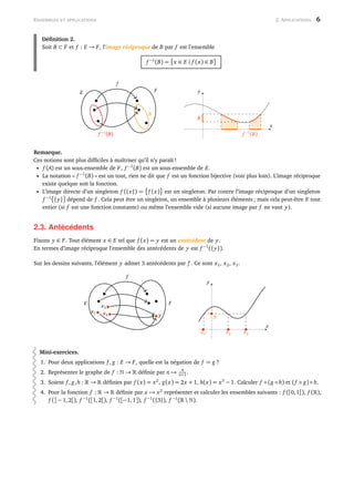 ENSEMBLES ET APPLICATIONS 2. APPLICATIONS 6
Déﬁnition 2.
Soit B ⊂ F et f : E → F, l’image réciproque de B par f est l’ensemble
f −1
(B) = x ∈ E | f (x) ∈ B
E F
f −1
(B)
B
f
x
y
B
f −1
(B)
Remarque.
Ces notions sont plus difﬁciles à maîtriser qu’il n’y paraît !
• f (A) est un sous-ensemble de F, f −1
(B) est un sous-ensemble de E.
• La notation « f −1
(B) » est un tout, rien ne dit que f est un fonction bijective (voir plus loin). L’image réciproque
existe quelque soit la fonction.
• L’image directe d’un singleton f ({x}) = f (x) est un singleton. Par contre l’image réciproque d’un singleton
f −1
{y} dépend de f . Cela peut être un singleton, un ensemble à plusieurs éléments ; mais cela peut-être E tout
entier (si f est une fonction constante) ou même l’ensemble vide (si aucune image par f ne vaut y).
2.3. Antécédents
Fixons y ∈ F. Tout élément x ∈ E tel que f (x) = y est un antécédent de y.
En termes d’image réciproque l’ensemble des antécédents de y est f −1
({y}).
Sur les dessins suivants, l’élément y admet 3 antécédents par f . Ce sont x1, x2, x3.
E F
f
y
x1 x2
x3
x
y
x1 x2 x3
y
Mini-exercices.
1. Pour deux applications f , g : E → F, quelle est la négation de f = g ?
2. Représenter le graphe de f : → déﬁnie par n → 4
n+1 .
3. Soient f , g,h : → déﬁnies par f (x) = x2
, g(x) = 2x + 1, h(x) = x3
− 1. Calculer f ◦ (g ◦ h) et (f ◦ g) ◦ h.
4. Pour la fonction f : → déﬁnie par x → x2
représenter et calculer les ensembles suivants : f ([0,1[), f ( ),
f (] − 1,2[), f −1
([1,2[), f −1
([−1,1]), f −1
({3}), f −1
(  ).
 