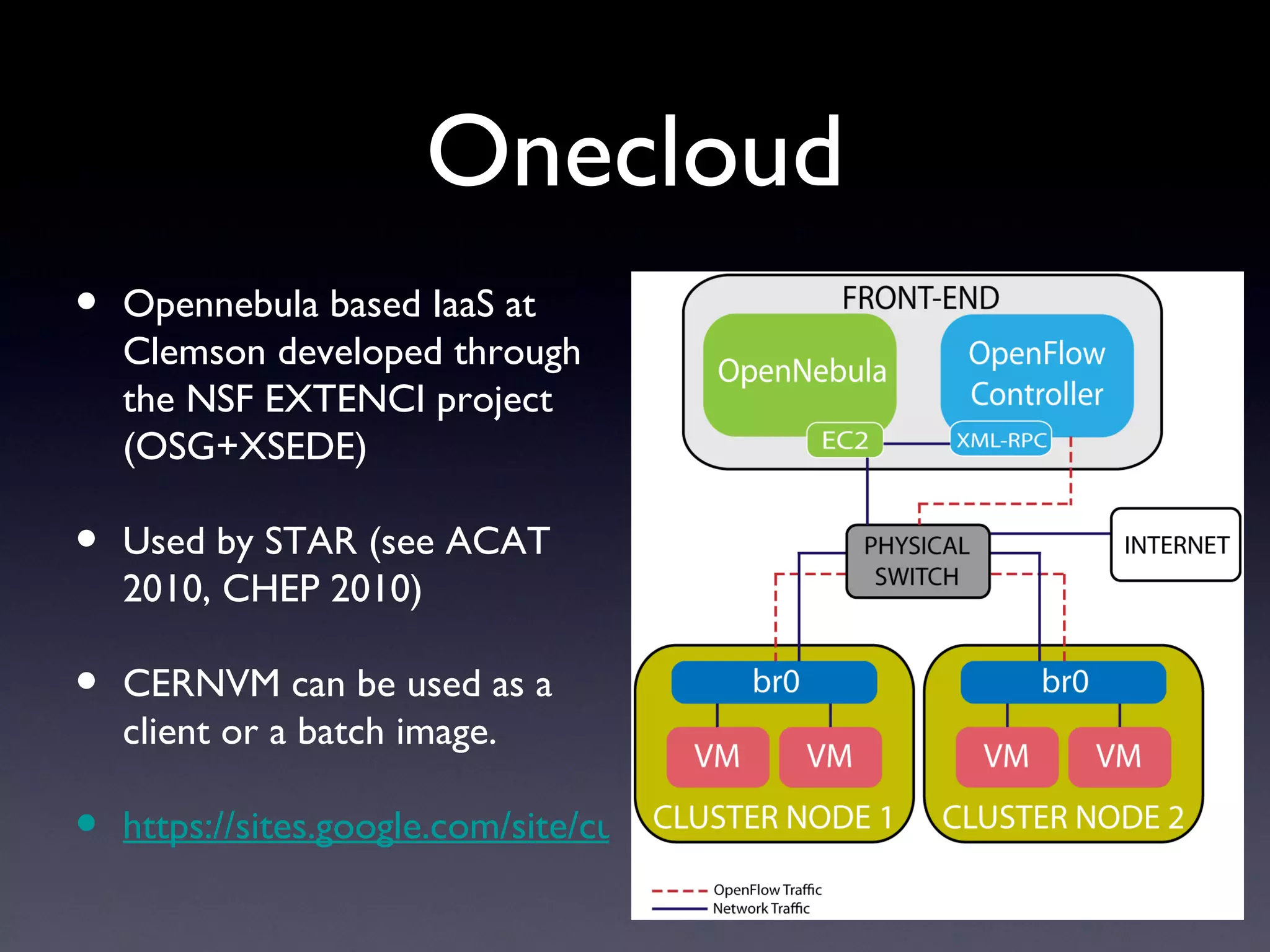 Onecloud
•   Opennebula based IaaS at
    Clemson developed through
    the NSF EXTENCI project
    (OSG+XSEDE)

•   Used by STAR (see ACAT
    2010, CHEP 2010)

•   CERNVM can be used as a
    client or a batch image.

•   https://sites.google.com/site/cuonecloud/
 