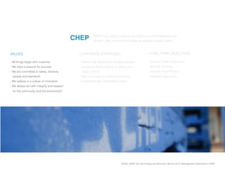 SCAD | SERV 325 Technology and Services | Spring 2013 | Management Dashboard | CHEP
VALUES CORPORATE STRATEGIES
CHEP is focused on continuously improving and developing more
efficient, safer, and environmentally sustainable supply chains.
CHEP
LONG-TERM OBJECTIVES
- Deliver High Quality and Durable products
- Supply wordwide network of offices and
repair centers
- Take advantage of continual innovation
- Environmentally sustainable projects
- All things begin with customer
- We have a passion for success
- We are committed to safety, diversity,
people and teamwork
- We believe in a culture of innovation
- We always act with integrity and respect
for the community and the environment
- Improve Order Processing
- Simplify Invoicing
- Improve Audit Process
- Strategic Partnership
 