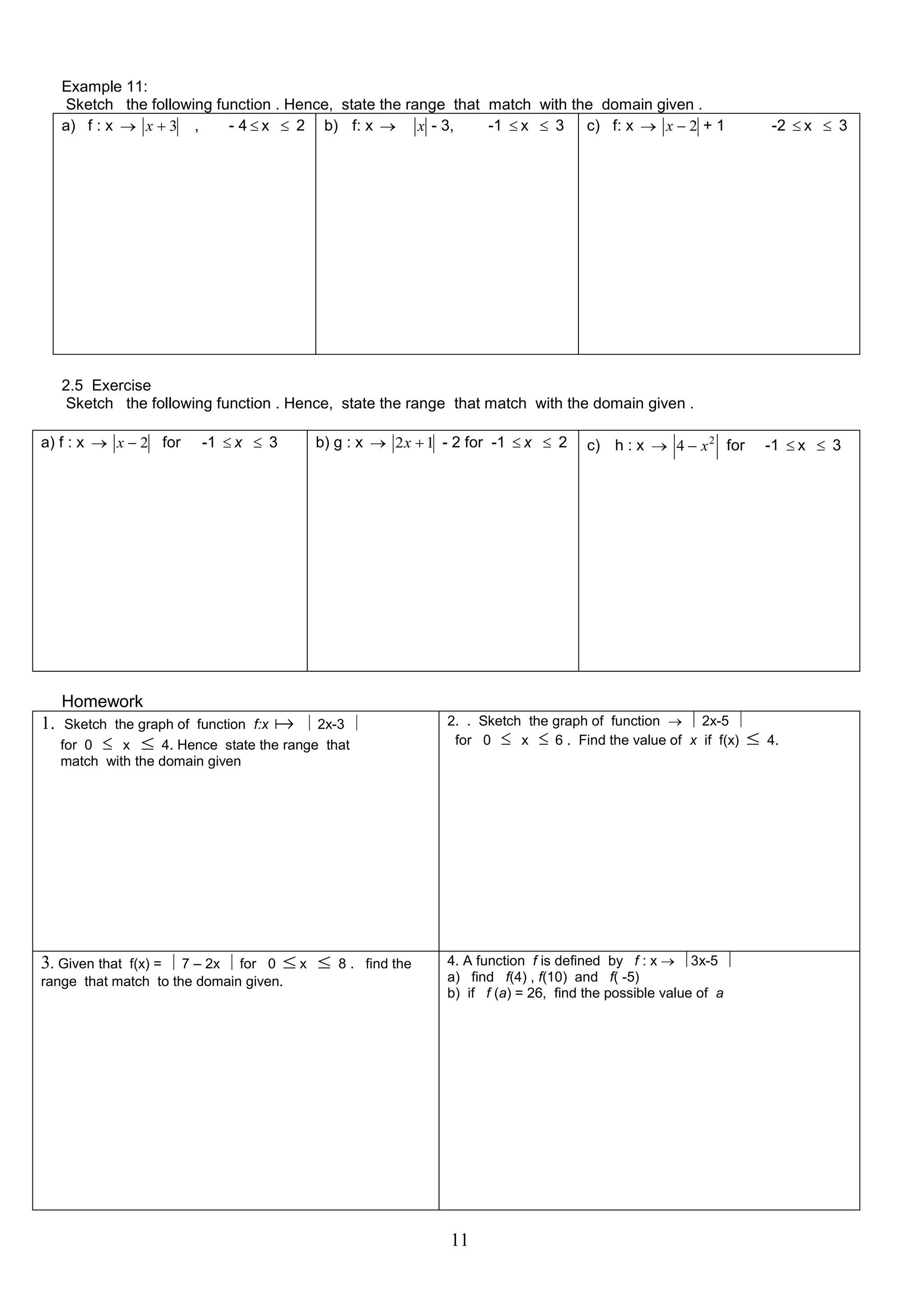 Example 11:
Sketch the following function . Hence, state the range that match with the domain given .
a) f : x  x  3 ,
- 4  x  2 b) f: x  x - 3,
-1  x  3 c) f: x  x  2 + 1

-2  x  3

2.5 Exercise
Sketch the following function . Hence, state the range that match with the domain given .
a) f : x  x  2 for

-1  x  3

b) g : x  2 x  1 - 2 for -1  x  2

c) h : x  4  x 2 for

-1  x  3

Homework

1.

Sketch the graph of function f:x   2x-3 
for 0  x  4. Hence state the range that
match with the domain given

f(x) =  7 – 2x  for 0  x
range that match to the domain given.

3. Given that



8 . find the

2. . Sketch the graph of function   2x-5 
for 0  x  6 . Find the value of x if f(x)  4.

4. A function f is defined by f : x  3x-5 
a) find f(4) , f(10) and f( -5)
b) if f (a) = 26, find the possible value of a

11

 