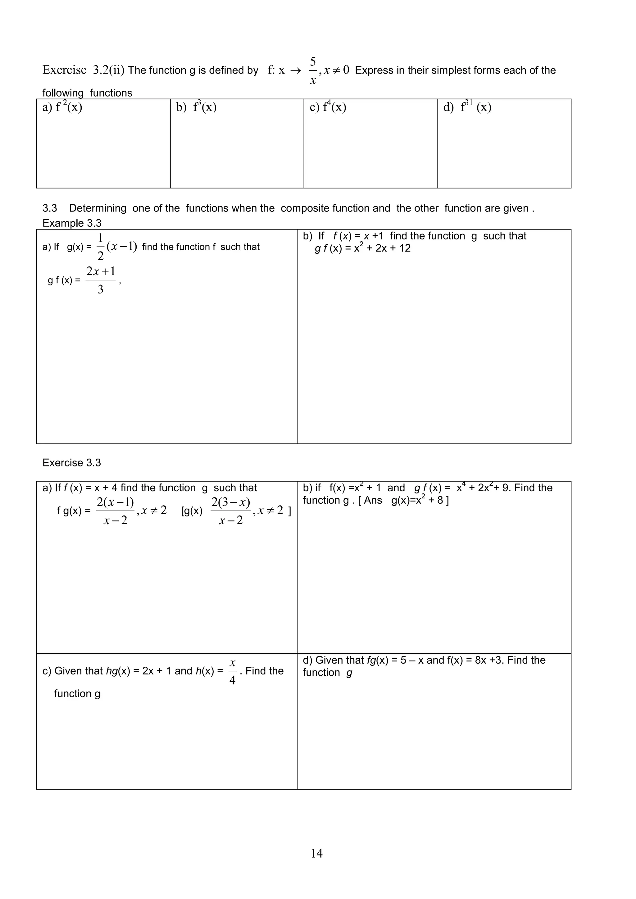 Exercise 3.2(ii) The function g is defined by f: x 

5
, x  0 Express in their simplest forms each of the
x

following functions

a) f 2(x)

b) f3(x)

c) f4(x)

d) f31 (x)

3.3 Determining one of the functions when the composite function and the other function are given .
Example 3.3
b) If f (x) = x +1 find the function g such that
1
2
( x  1) find the function f such that
a) If g(x) =
g f (x) = x + 2x + 12
g f (x) =

2
2x 1
,
3

Exercise 3.3
a) If f (x) = x + 4 find the function g such that
f g(x) =

2( x  1)
,x  2
x2

[g(x)

2(3  x)
,x  2 ]
x2

c) Given that hg(x) = 2x + 1 and h(x) =

x
. Find the
4

2

4

2

b) if f(x) =x + 1 and g f (x) = x + 2x + 9. Find the
2
function g . [ Ans g(x)=x + 8 ]

d) Given that fg(x) = 5 – x and f(x) = 8x +3. Find the
function g

function g

14

 