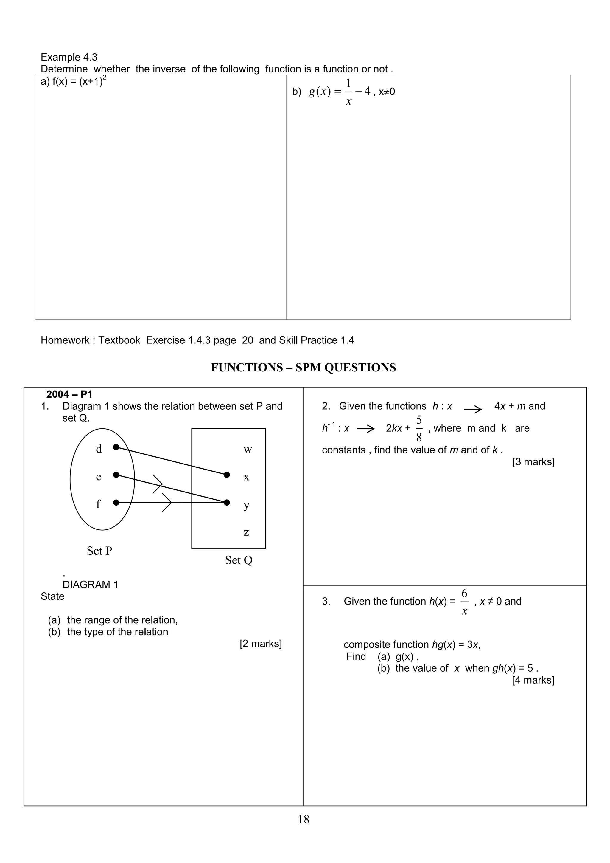 Example 4.3
Determine whether the inverse of the following function is a function or not .
2
a) f(x) = (x+1)
1
b) g ( x)   4 , x0

x

Homework : Textbook Exercise 1.4.3 page 20 and Skill Practice 1.4

FUNCTIONS – SPM QUESTIONS
2004 – P1
1. Diagram 1 shows the relation between set P and
set Q.

2. Given the functions h : x
-1

h

d

w

:x

2kx +

4x + m and

5
, where m and k are
8

constants , find the value of m and of k .
[3 marks]

e

x

f

y
z

Set P

Set Q

.
DIAGRAM 1
State

3.

(a) the range of the relation,
(b) the type of the relation
[2 marks]

Given the function h(x) =

6
, x ≠ 0 and
x

composite function hg(x) = 3x,
Find (a) g(x) ,
(b) the value of x when gh(x) = 5 .
[4 marks]

18

 