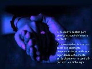 El propósito de Dios para contigo es admirablemente perfecto.  Él desea mostrarte muchas cosas que solamente comprenderías estando en el lugar donde actualmente estás ahora y en la condición que vives en dicho lugar. 